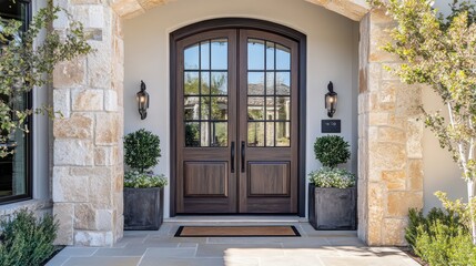Elegant front door design luxury home entrance photography outdoor setting wide angle modern aesthetics