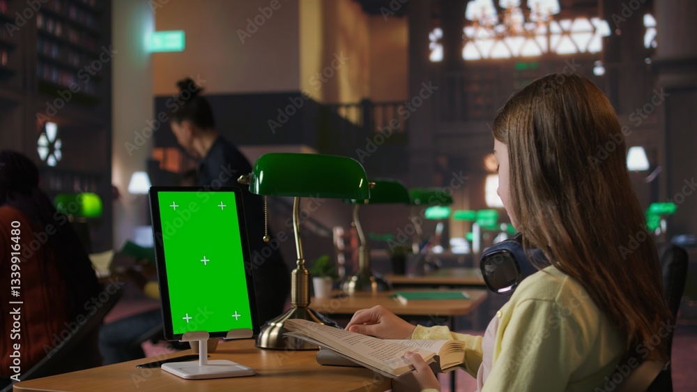 Poster schoolgirl reading a book next to copy space on tablet at the library desk, using academic database 