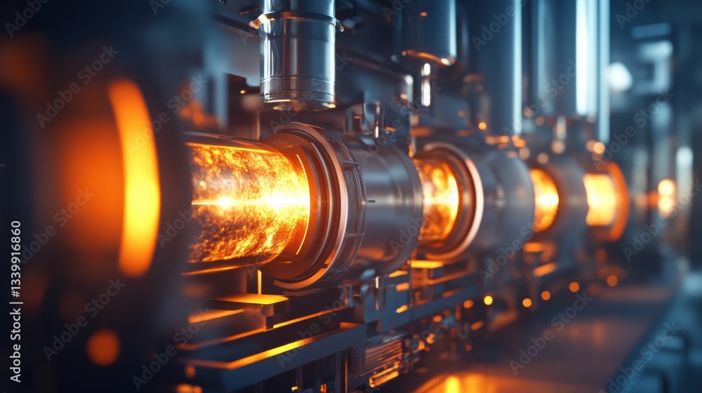 Poster high-efficiency industrial machine with glowing elements and advanced technology in action at a mode