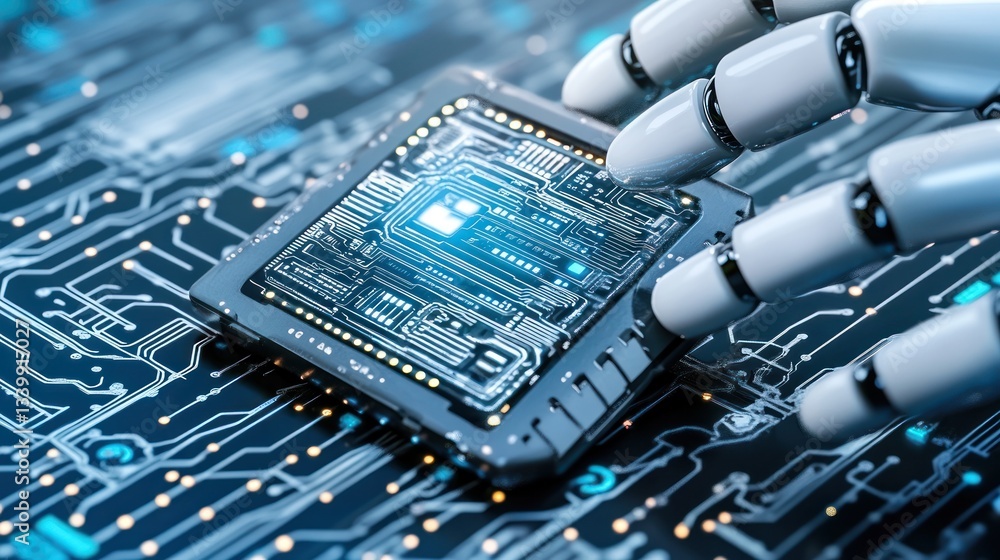 Poster robotic hand interacting with microchip: a glimpse into the future of technology