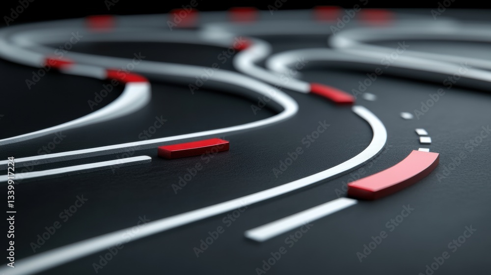 Poster abstract design featuring winding road layout with sharp turns and vibrant red accents on a sleek bl