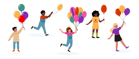 Children joyfully celebrating with colorful balloons during a festive event outdoors