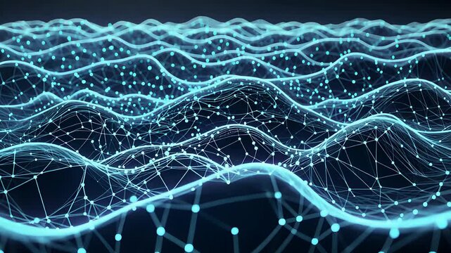 Futuristic Digital Wave With Glowing Blue Connected Data Points Forming a Dynamic Network in an Abstract Cyber Landscape

