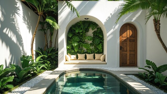 A minimalist tropical villa design with a uniquely shaped small swimming pool, surrounded by lush green plants. The clean white walls feature Mediterranean-style architecture, including an elegant arc - Powered by Adobe