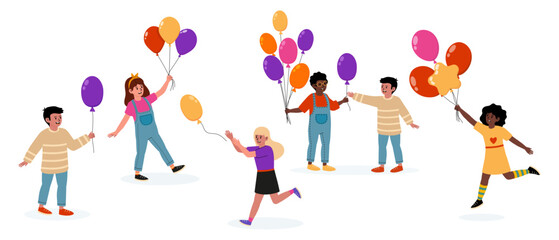 Children celebrate joyfully with colorful balloons in a playful atmosphere