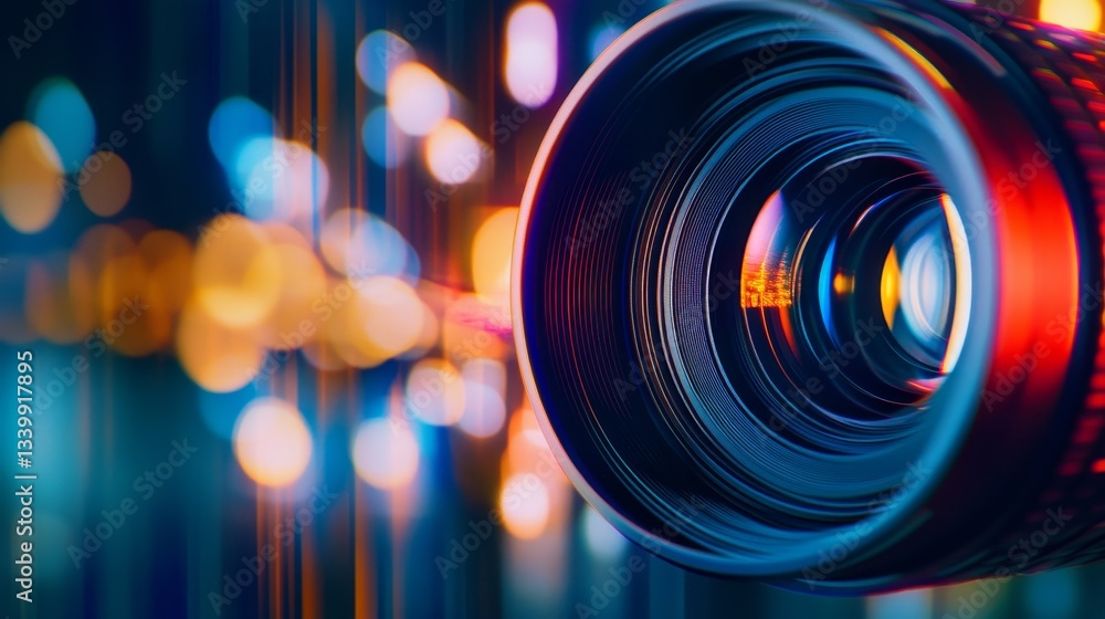 Poster close-up view of a camera lens surrounded by colorful bokeh light in the background