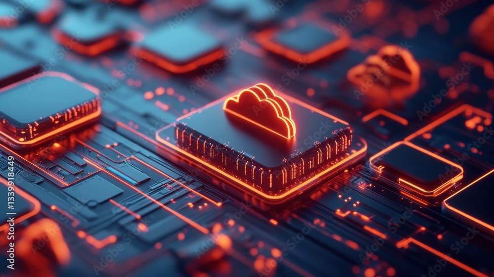 Poster abstract close-up of glowing cloud symbol on digital circuit board background with vibrant neon colo