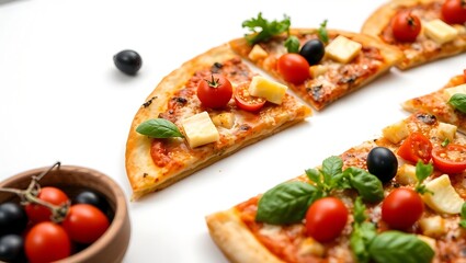 "High-Angle Shot of Sicilian Pizza Slices with Assorted Vegetables on a White Surface"