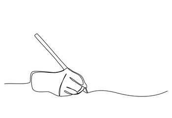 Fototapeta premium hand holding a pen writing in one line drawing, continuous line art