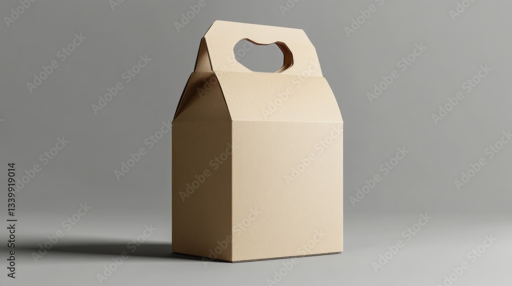Poster plain craft paper box with handle in minimalist style on grey background for packaging and gift pres