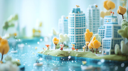 A whimsical felt fabric diorama, high-rise buildings under bright noon sunlight, tiny kawaii figurines playing by a lake with splashing water droplets, blue and white color scheme, high brightness