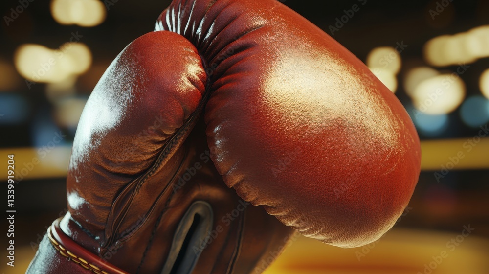 Poster close-up of a classic red boxing glove captured in a dynamic sports setting with soft focus backgrou