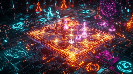 A glowing chessboard surrounded by abstract icons representing strategy, leadership, and decision making, vibrant and