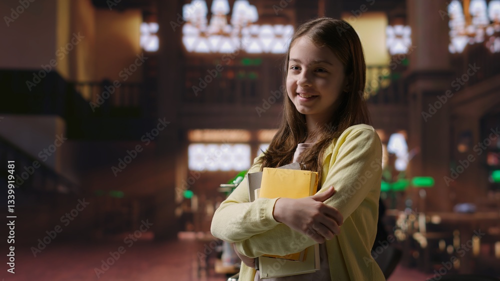 Poster portrait of sweet preadolescent carrying her books and class notes in the library, preparing for an 