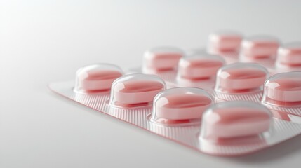 Close-up View of Pink Capsules in Blister Pack on Light Background, Ideal for Medical or Pharmaceutical Themes, Illustrating Health and Wellness Concepts