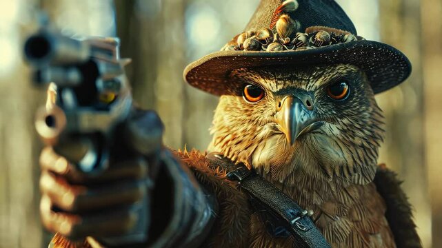 a bird in a hat brandishing a gun. Ai Generated.