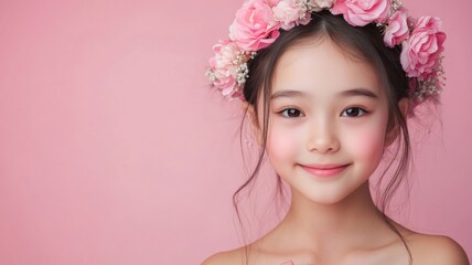 Pretty girl wearing a pink flower crown