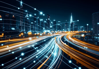 long exposure photograph of urban highway at night, showcasing vibrant light trails and city skyline illuminated by modern architecture