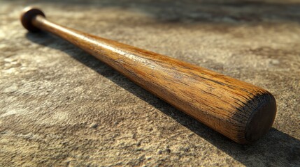 Realistic wooden baseball bat resting on a textured surface with natural lighting creating shadows and highlighting the grain and imperfections of the wood