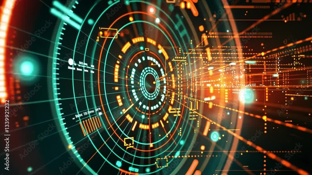 Poster digital abstract background with glowing lines and circular patterns for technology and data visuali