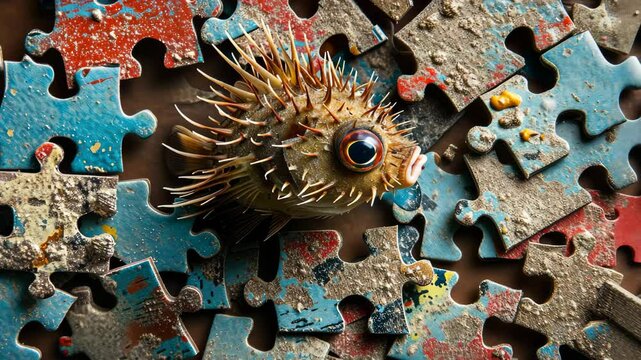 Whimsical top view of a cute porcupinefish solving a jigsaw puzzle, charming and unique. Ai Generated