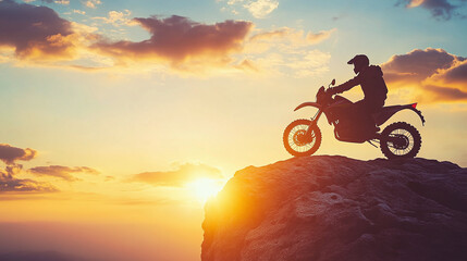 Fototapeta premium Traveler exploring the world on an adventure motorcycle while traveling over a rough and uneven road on a rock mountain at sunset