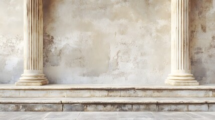 Two columns flank a weathered wall and stone steps