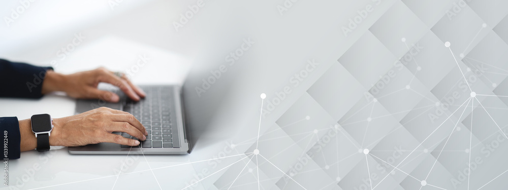Poster Closeup of unrecognizable middle aged businesswoman working on laptop, hands typing on computer keyboard while working in office, side view, cropped image