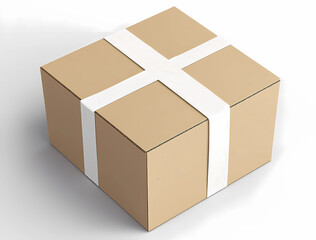 An ultra-realistic photograph of a cardboard box with white tape wrapped around it, placed on a clean and simple background.