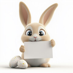 Obraz premium 3d cartoon Easter bunny holding a blank white sign, isolated on a white background
