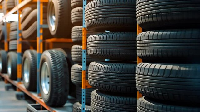 Neatly stacked row of new car tires, Ai Generated