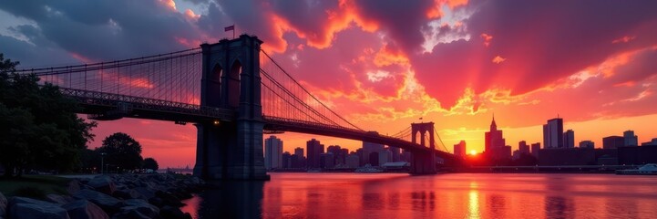 Naklejka premium Brooklyn Bridge silhouette against fiery sunset sky, manhattan, golden hour