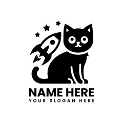 Monochrome cat and spaceship illustration. Fantasy pet space art