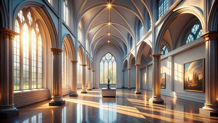 Fototapeta premium 70s Futuristic Museum: Sunlight Streaming Through Gothic Architecture