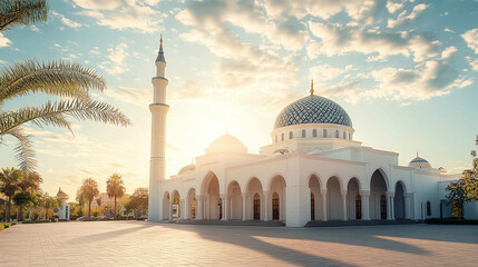 Obraz premium Serene white mosque under a bright sky. Peaceful scene