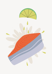 A salmon steak splashed with lime juice creating a fresh and vibrant effect
