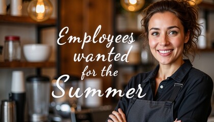smiling female barista in black apron at cozy café with warm lighting and employees wanted for the summer text on recruitment poster