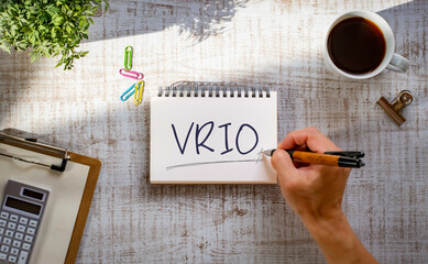 There is word card with the word VRIO. It is an abbreviation for Value, Rarity, Inimitability,...