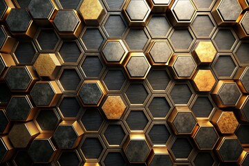Abstract Black Gold Hexagon Geometric Pattern, Luxury Background Texture
