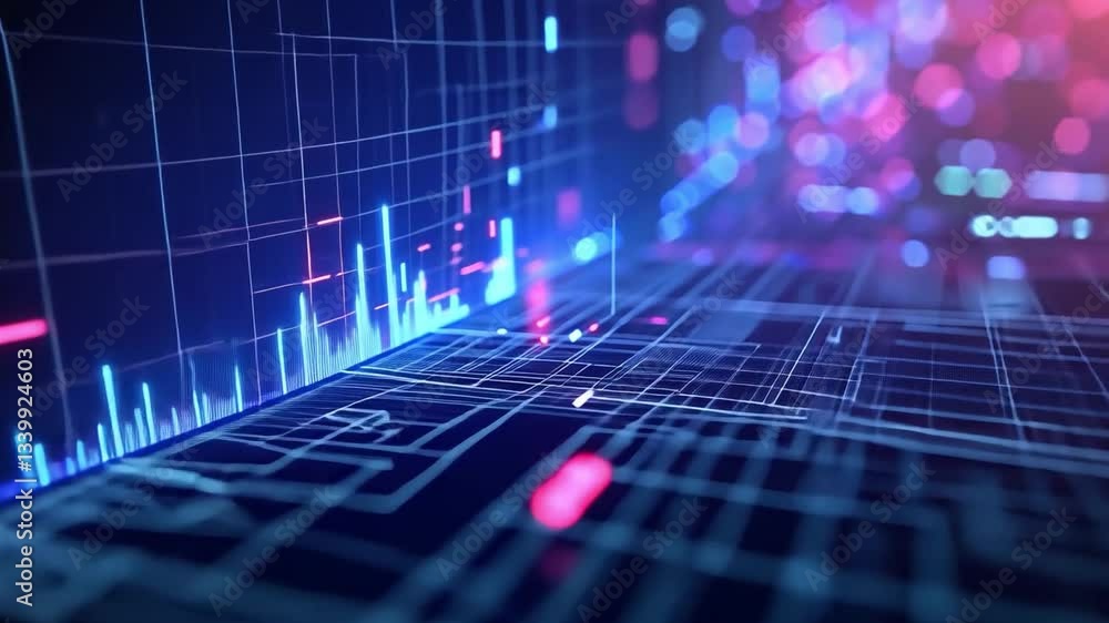 Poster colorful digital data visualization abstract background with glowing lines and graphs for futuristic