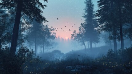 Enchanted Twilight Forest, Mystical Sunrise in a Foggy Woodland