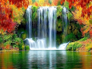 Autumn Waterfall Serenity: Forest Pond Scene.