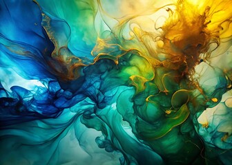 Abstract Blue, Green & Gold Alcohol Ink Silhouette Painting - Artistic Background