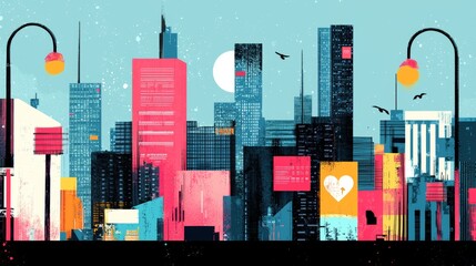 Obraz premium Vibrant City Skyline at Dusk Featuring a Colorful Blend of Aesthetic Elements and Urban Life