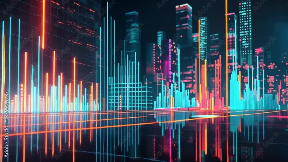 Poster futuristic urban skyline vibrant data visualization and neon technology in digital cityscape with in