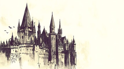 Fototapeta premium A sketched illustration depicting a grand castle and flying birds