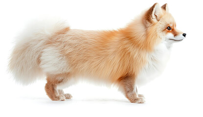 Obraz premium Fluffy orange dog standing side view, showcasing its vibrant fur and playful expression, perfect for pet lovers and animal enthusiasts