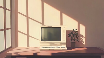 An old desktop computer sits on a desk next to a plant.