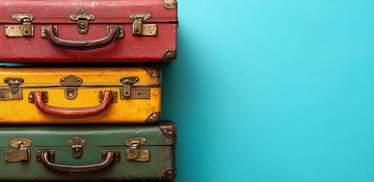 Colorful vintage suitcases stacked on a light blue background with copy space
