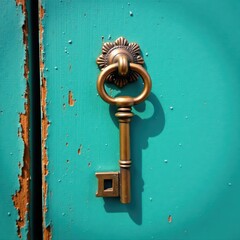 Antique skeleton key on teal door, aged wood grain visible, old, doorway, vintage key